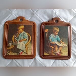Vintage Wooden Plaques with Child Illustrations